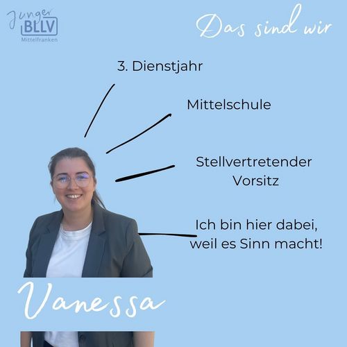 Vorstellungsrunde ✨ #13 

Es geht in die Vorstandsebene! 💪🏼
Vanessa ist seit diesem Jahr zusammen mit Nora stellvertretender Vorsitz.

Vanessa war schon bei den @bllv.studierende.erlnbg ein aktives Mitglied und deshalb auch super interessiert daran, quasi „ automatisch“ zu uns Jungen zu wechseln. Außerdem ist sie im Social Media Team des @bllvmfr tätig. 

Schön, dass du so unser Team bereicherst Vanessa! 💪🏼

Bei uns musst du aber nichts machen, du kannst erst mal schnuppern und mitmachen, so wie es für dich passt. Interessiert?

Melde dich gerne bei uns in den DM‘s!

#bllv  #lehramt #lehramterlangen #lehramtnürnberg #bllvmittelfranken #jungerbllv #jungerbllvmfr #instalehrerzimmer #bildung #teacher